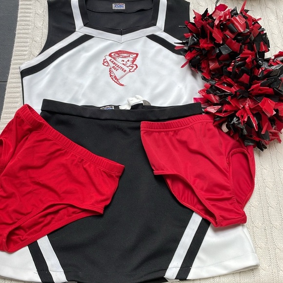 zoe cheer Other - Cheerleading Halloween costume skirt top tights & pompoms black red white